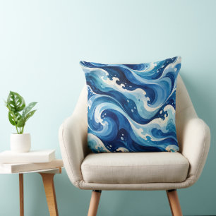 Cojín Decorativo Manta abstracta de olas de océano azul acuarela co