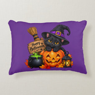 Cojín Decorativo Manta de Halloween de Calabaza y Gato Negro