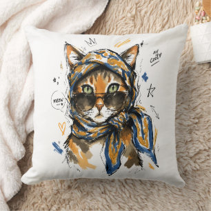 Cojín Decorativo Mantén la calma gato con gafas de sol y bufanda de
