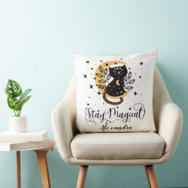 Cojín Decorativo Manténgase mágico: gato negro, luna, estrellas y n