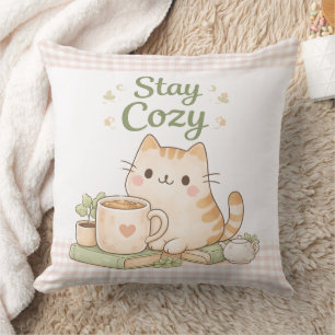 Cojín Decorativo Mantente Acogedor Gatito Kawaii Rosa Cuadros Dulce