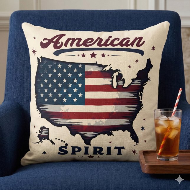 Cojín Decorativo Mapa de arte perturbado de la bandera norteamerica (Vintage American Flag USA Map Distressed Art Throw Pillow Mockup A)