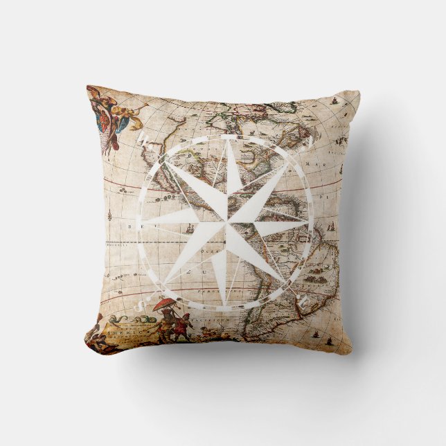 Cojín Decorativo Mapa de cosecha rústico y brújula elegancia y Moda (Anverso)