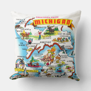 Cojín Decorativo Mapa de saludos vintage de Michigan 