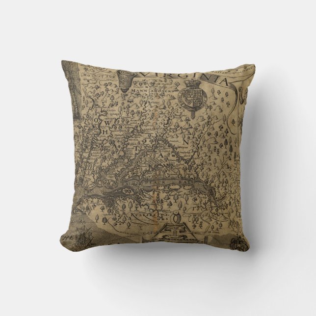Cojín Decorativo Mapa de Virginia de John Smith (1624) (Anverso)