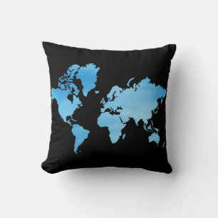 Cojín Decorativo Mapa del mundo azul minimalista arte acuarela