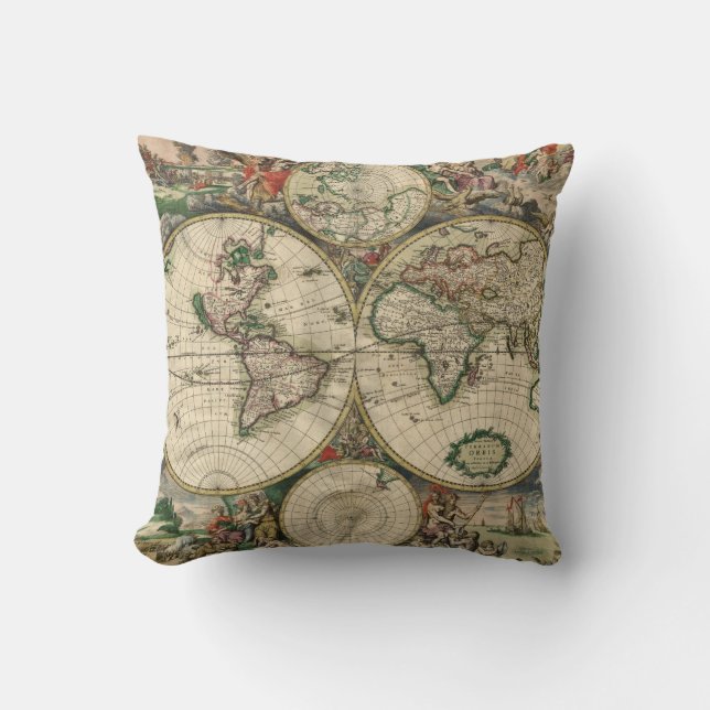 Cojín Decorativo Mapa del mundo de la época 1689 (Anverso)