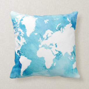 Cojín Decorativo Mapa del mundo en azules de la acuarela