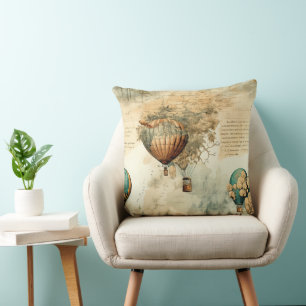 Cojín Decorativo Mapa Globo de Globo Aerostático Sepia Steampunk