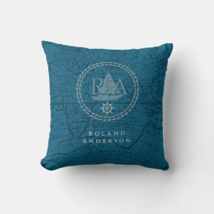 Cojín Decorativo Mapa Monograma de Cuerda Náutica Azul