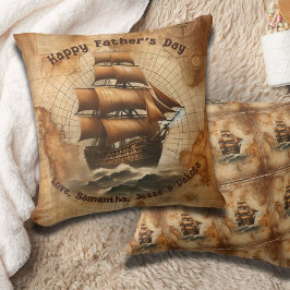 Cojín Decorativo Mapa náutico de la vieja Sepia y barco de vela
