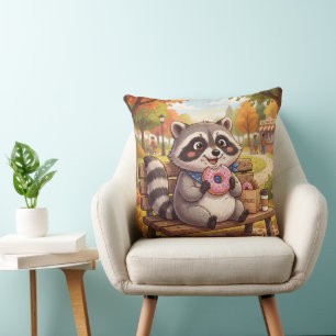 Cojín Decorativo Mapache de dibujos animados lindo comiendo donut d
