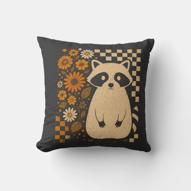 Cojín Decorativo Mapache de Halloween a Cuadros Retro (Anverso)