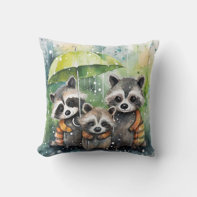 Cojín Decorativo Mapaches Lindos en la Lluvia (Anverso)