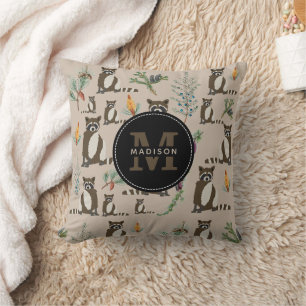 Cojín Decorativo Mapamundi Monograma con Patrón de Mapache Adorable