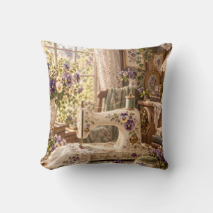 Cojín Decorativo Máquina de coser Pansy de crema Sala de flores vin