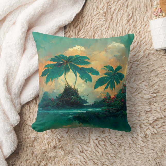 Cojín Decorativo Mar de fantasía tropical y palmeras (Manta)