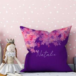 Cojín Decorativo Marca acuarela floral de coral púrpura nombre