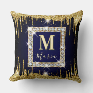 Cojín Decorativo 💎 Marco Azul Brillante Nombre Personalizado Navy