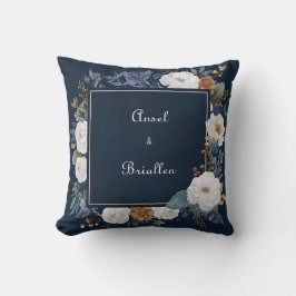 Cojín Decorativo Marco Cuadrado Floral de Peonía Azul Marino Blanco