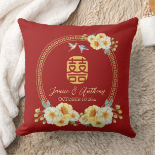 Cojín Decorativo Marco de boda chino rojo floral pájaro