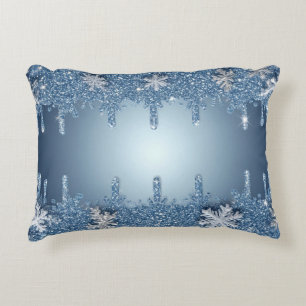 Cojín Decorativo Marco de copo de nieve azul con carámbanos