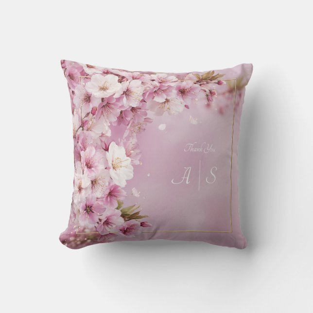 Cojín Decorativo Marco de Oro Flor de Cerezo Rosa en la Esquina (Anverso)