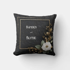 Cojín Decorativo Marco de Oro Opulento Flor Blanca Pizarra Negra