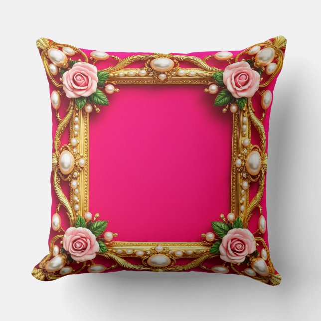 Cojín Decorativo Marco dorado con elegantes Rosas y perlas (Anverso)
