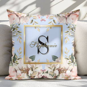 Cojín Decorativo Marco dorado floral elegante monograma azul claro