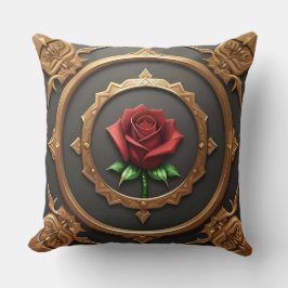 Cojín Decorativo Marco dorado intrincado con rosa rojo