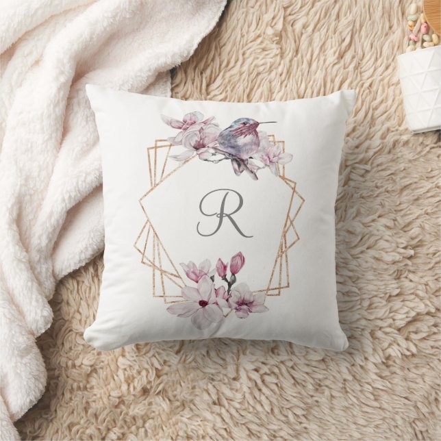 Cojín Decorativo Marco dorado Monograma rosa blanco Magnolias (Manta)