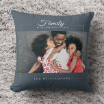 Cojín Decorativo Marco moderno | Familia es TODO Oro de foto<br><div class="desc">Moderna almohada familiar,  esta elegante almohada fotográfica presenta su foto favorita en un marco dorado junto a su nombre personalizado y fecha establecida en azul polvoriento oscuro. ¡Un gran regalo para las vacaciones,  el Día de la Madre o San Valentín!</div>