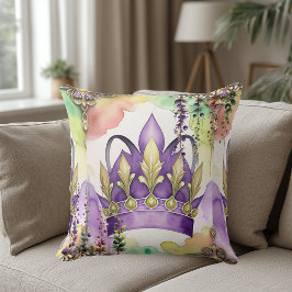Cojín Decorativo Mardi Gras Purple Crown Green & Gold Watercolor