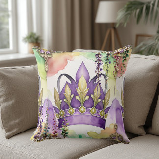 Cojín Decorativo Mardi Gras Purple Crown Green & Gold Watercolor