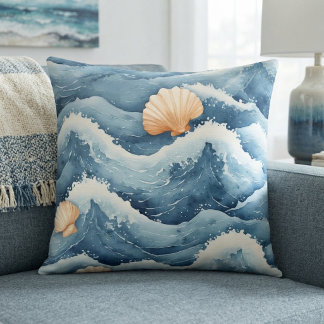 Cojín Decorativo Mareas costeras conchitas de abanico de mar espuma