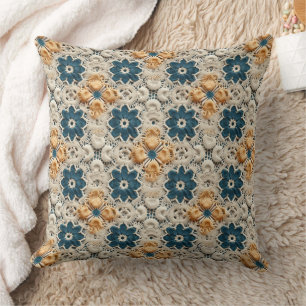 Cojín Decorativo Marfil Amarillo y Azul Falso Crochet