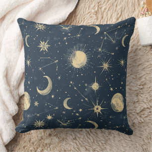 Cojín Decorativo Marfil Antiguo Mapa Celeste de la Luna Estrella Az