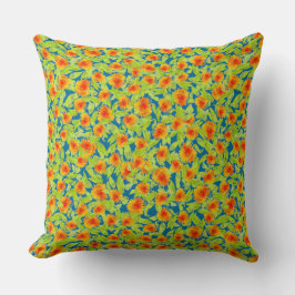 Cojín Decorativo Marigoles de país Naranja sobre azul y verde