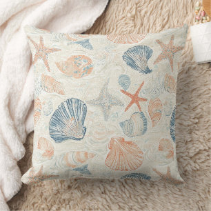 Cojín Decorativo Marina Botánica Concha Azul Coral Melocotón Patrón
