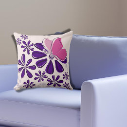 Cojín Decorativo Mariposa abstracta y arte rosa y púrpura en flor