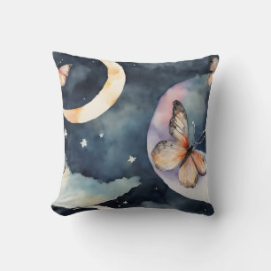 Cojín Decorativo mariposa acuarela en el cielo nocturno