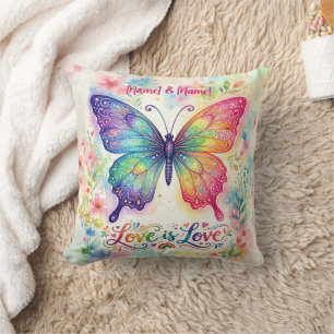 Cojín Decorativo Mariposa Arcoíris Acuarela "El amor es amor"