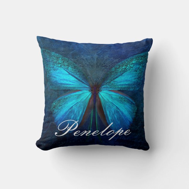 Cojín Decorativo Mariposa azul de alegría y suerte (Anverso)