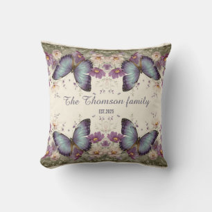 Cojín Decorativo Mariposa Azul Vintage y Floral para Familia