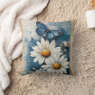 Cojín Decorativo Mariposa azul vintage y margaritas   Granja