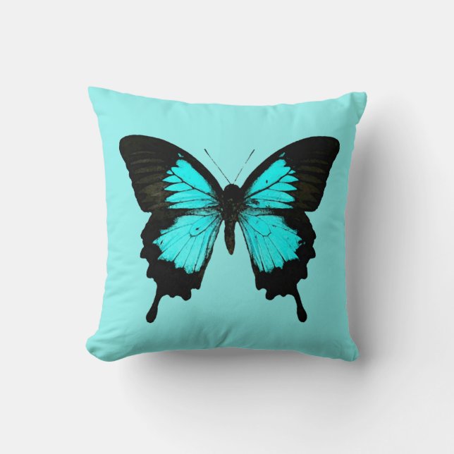 Cojín Decorativo Mariposa - azules turquesas y negro (Anverso)