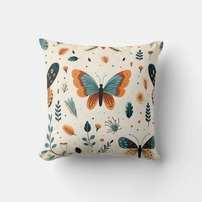 Cojín Decorativo Mariposa Boho y prado botánico (Anverso)