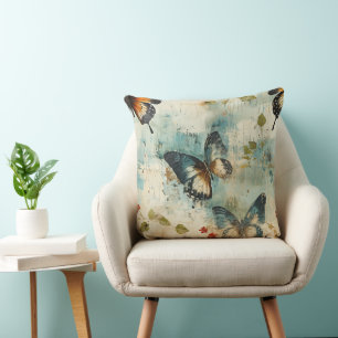 Cojín Decorativo Mariposa Botánica Verde Azulado Naranja Vintage