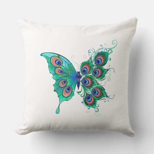 Cojín Decorativo Mariposa con plumas de pavo real verde (Anverso)